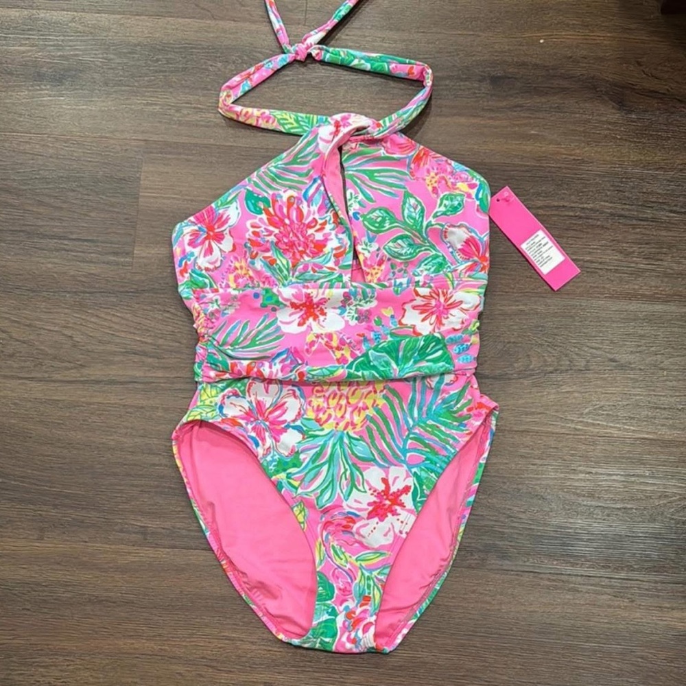 Lilly Pulitzer Pink Tropical Halter One-Piece Swimsuit